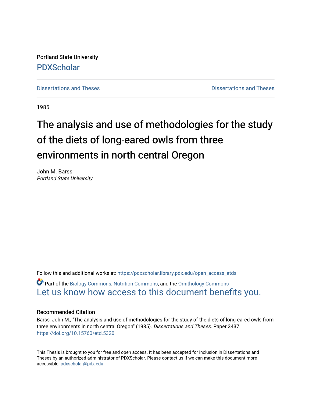 The Analysis and Use of Methodologies for the Study of the Diets of Long-Eared Owls from Three Environments in North Central Oregon