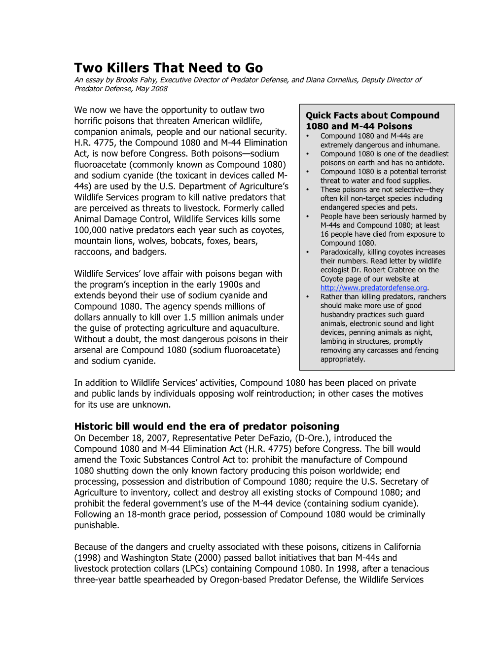 Two Killers That Need to Go an Essay by Brooks Fahy, Executive Director of Predator Defense, and Diana Cornelius, Deputy Director of Predator Defense, May 2008