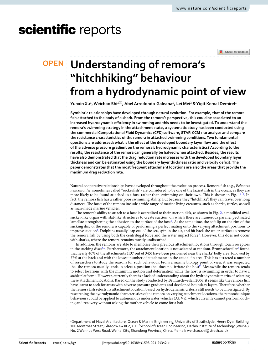 “Hitchhiking” Behaviour from a Hydrodynamic Point of View Yunxin Xu1, Weichao Shi1*, Abel Arredondo‑Galeana1, Lei Mei2 & Yigit Kemal Demirel1