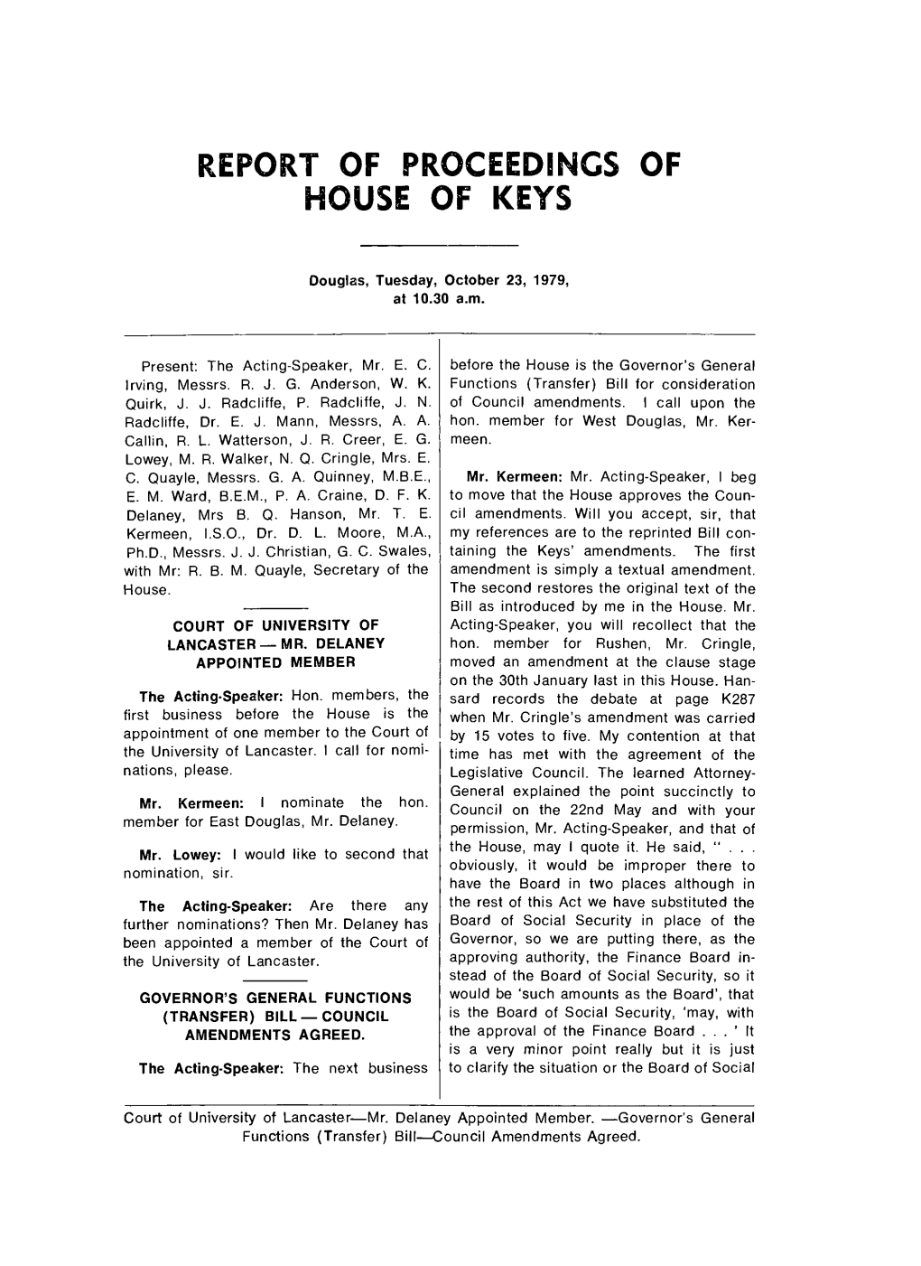 23 Oct 1979 House of Keys Hansard REPORT of PROCEEDINGS OF