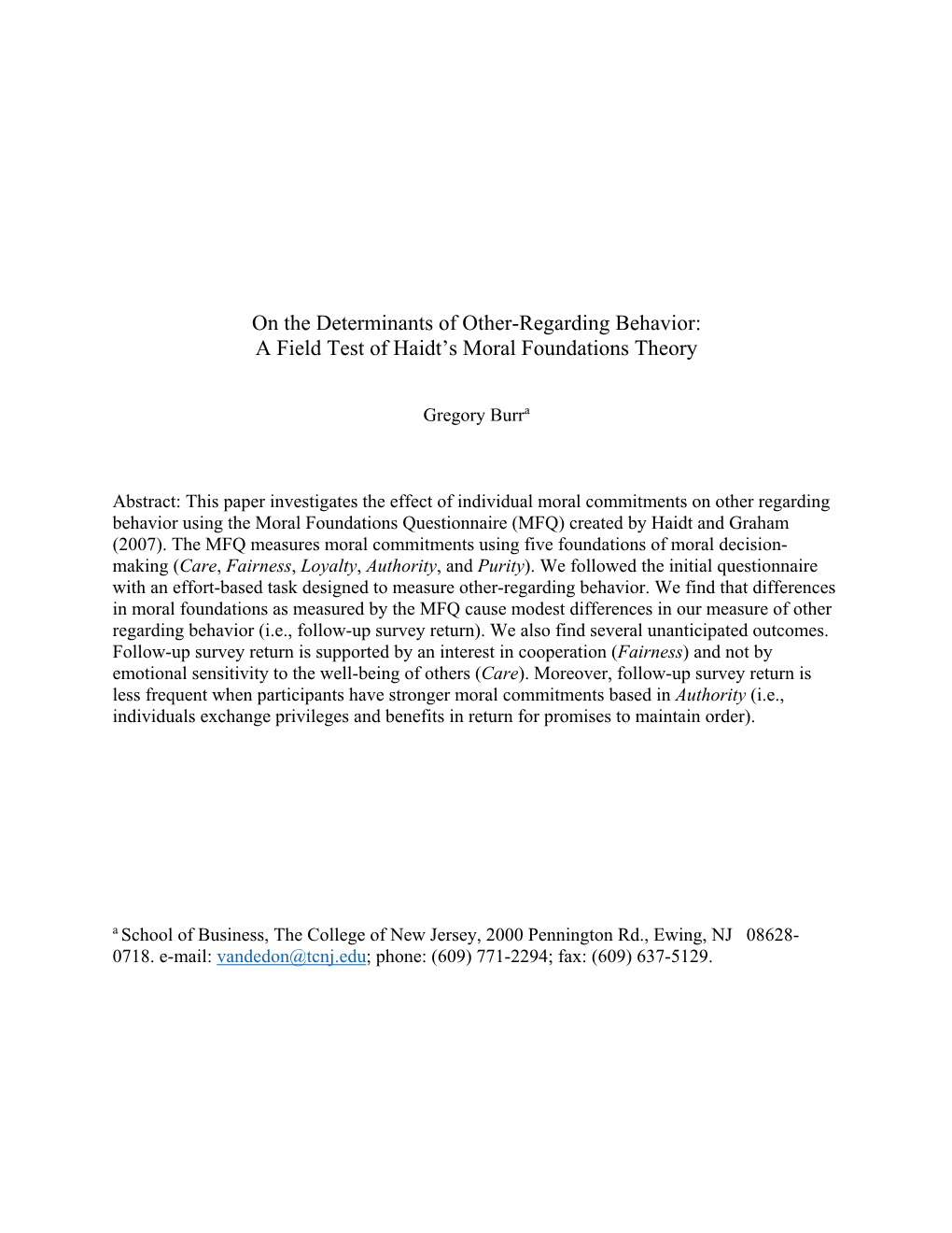 On the Determinants of Other-Regarding Behavior: a Field Test of Haidt’S Moral Foundations Theory