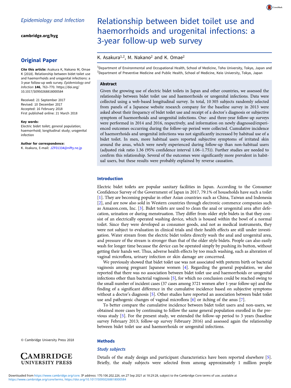 Relationship Between Bidet Toilet Use and Haemorrhoids and Urogenital Infections: a Cambridge.Org/Hyg 3-Year Follow-Up Web Survey