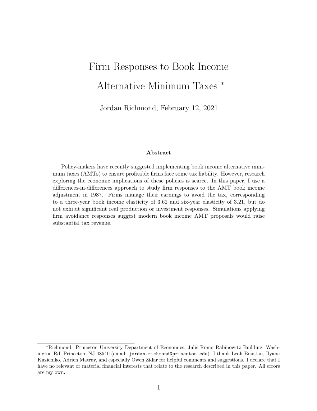 Firm Responses to Book Income Alternative Minimum Taxes ∗
