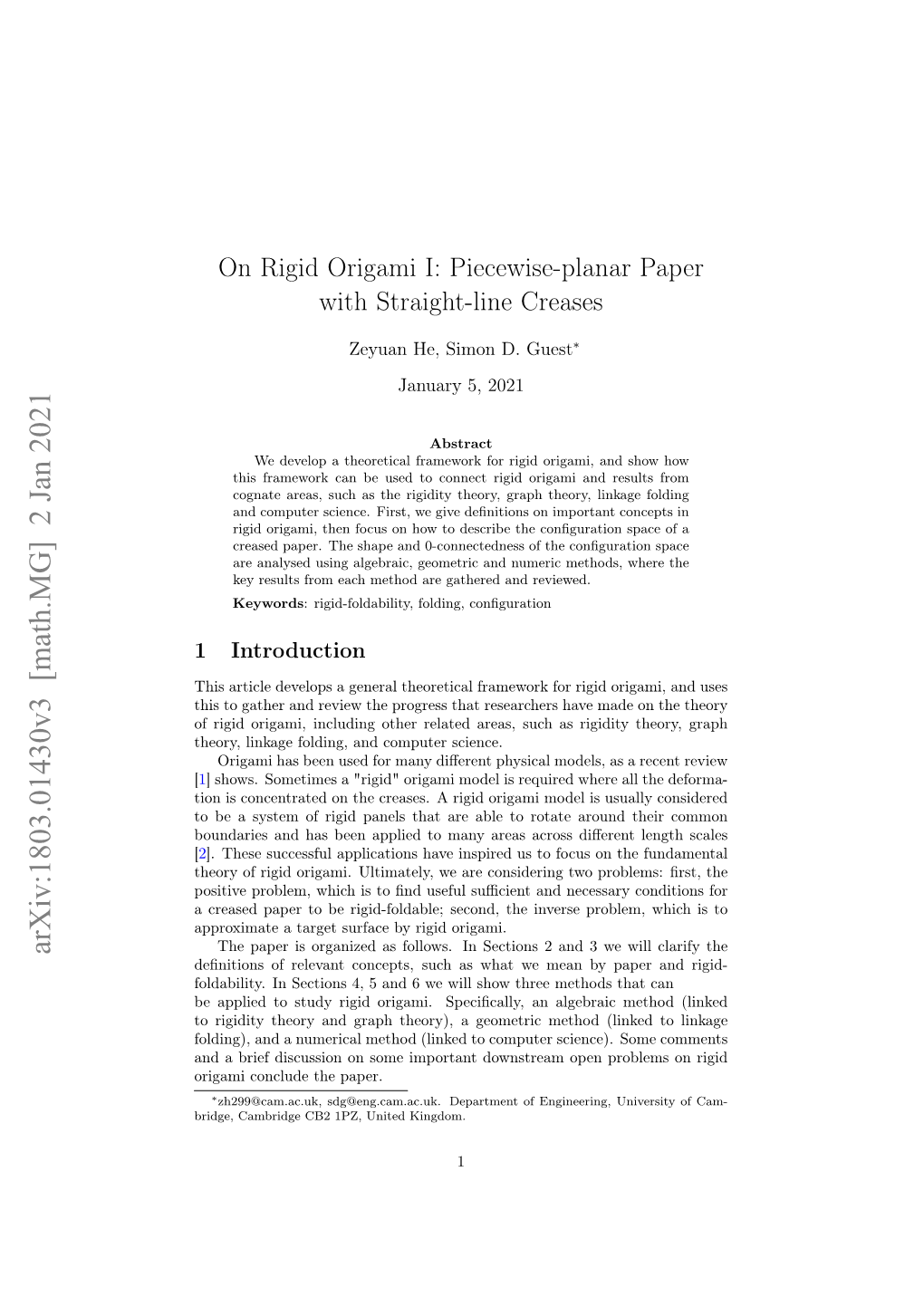 On Rigid Origami I: Piecewise-Planar Paper with Straight-Line Creases