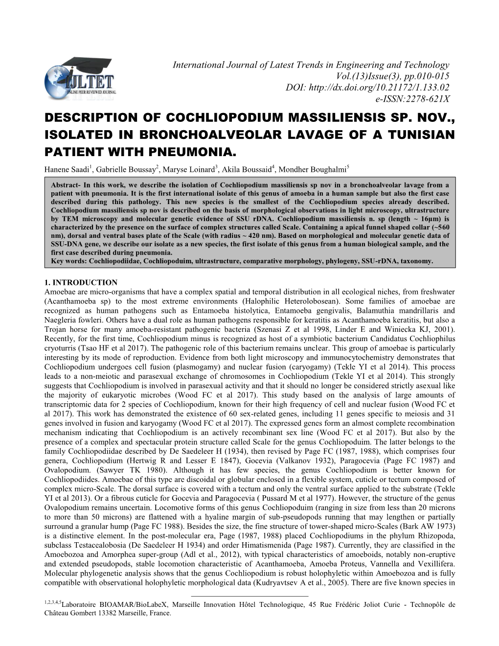 Description of Cochliopodium Massiliensis Sp. Nov., Isolated in Bronchoalveolar Lavage of a Tunisian Patient with Pneumonia