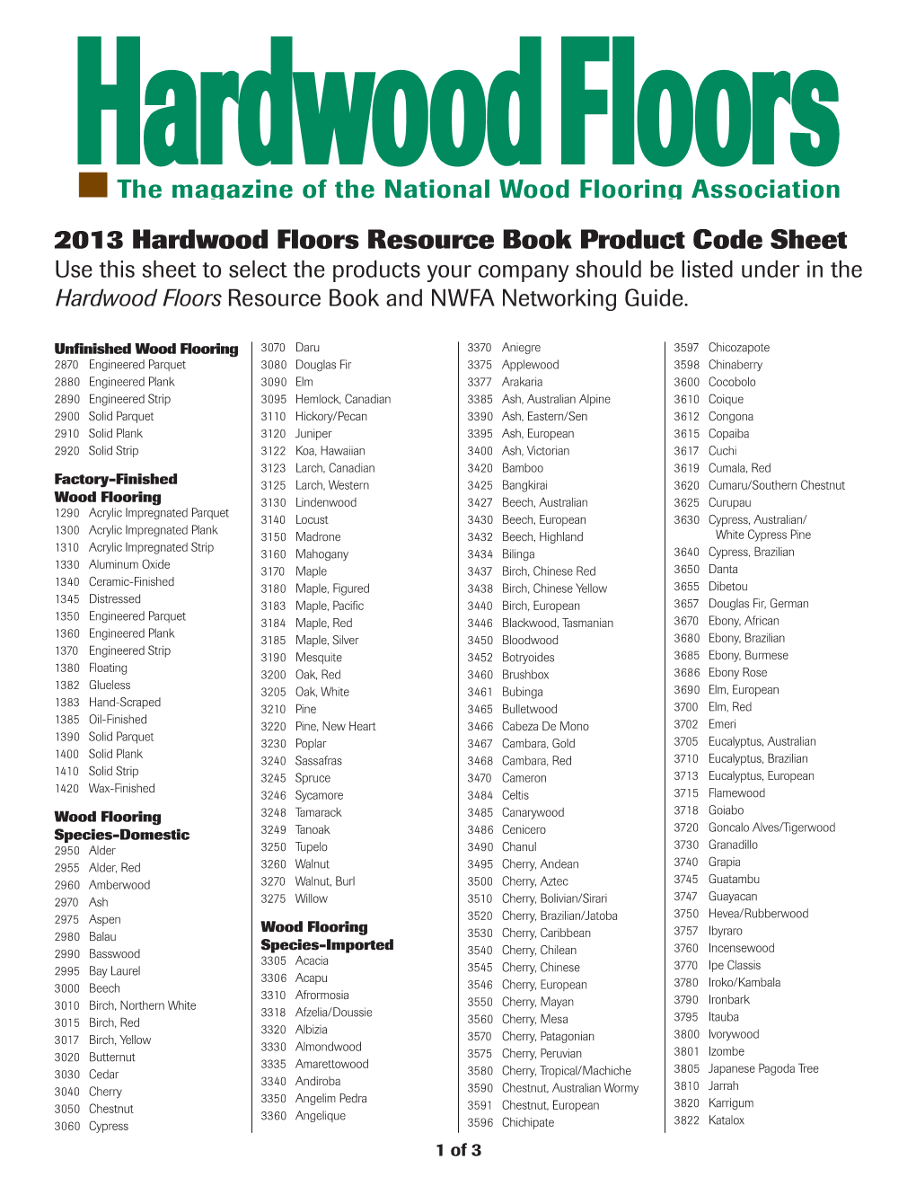 2013 Hardwood Floors Resource Book Product Code Sheet