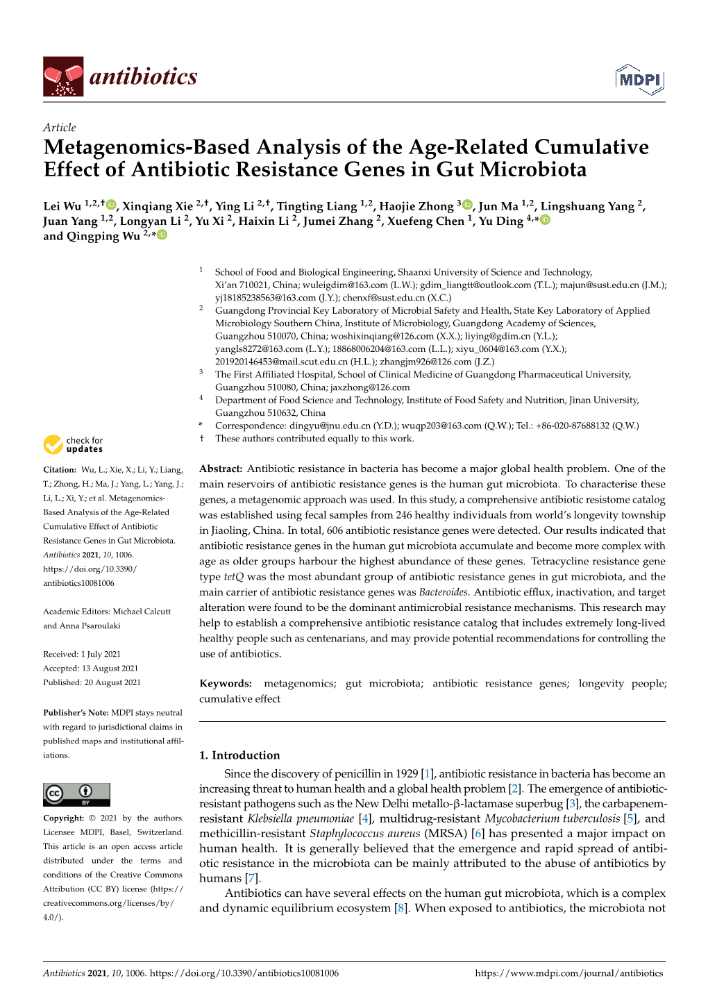 Metagenomics-Based Analysis of the Age-Related Cumulative Effect of Antibiotic Resistance Genes in Gut Microbiota