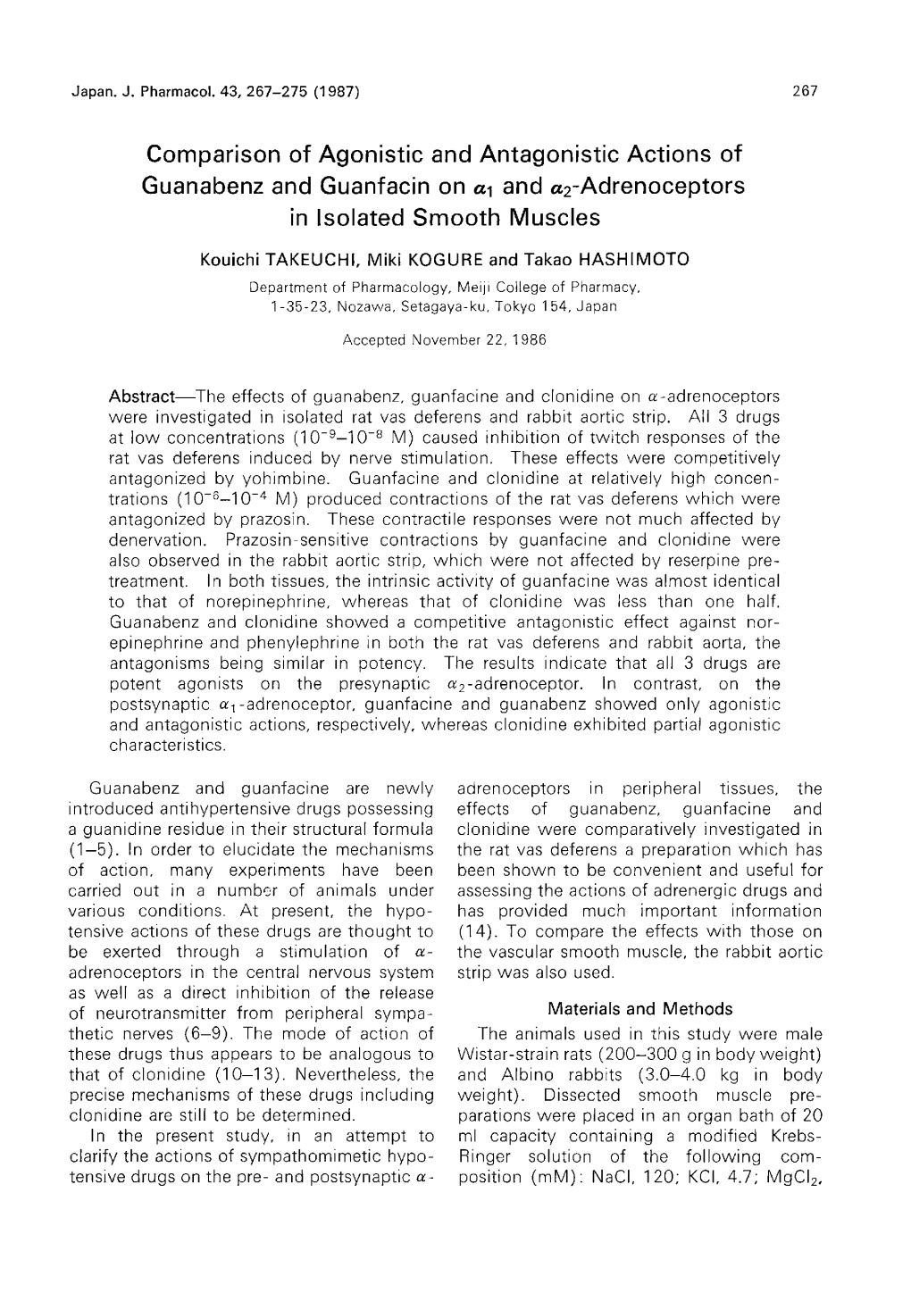 Comparison of Agonistic and Antagonistic Actions of Guanabenz and Guanfacin on A, and A2-Adrenoceptors in Isolated Smooth Muscles