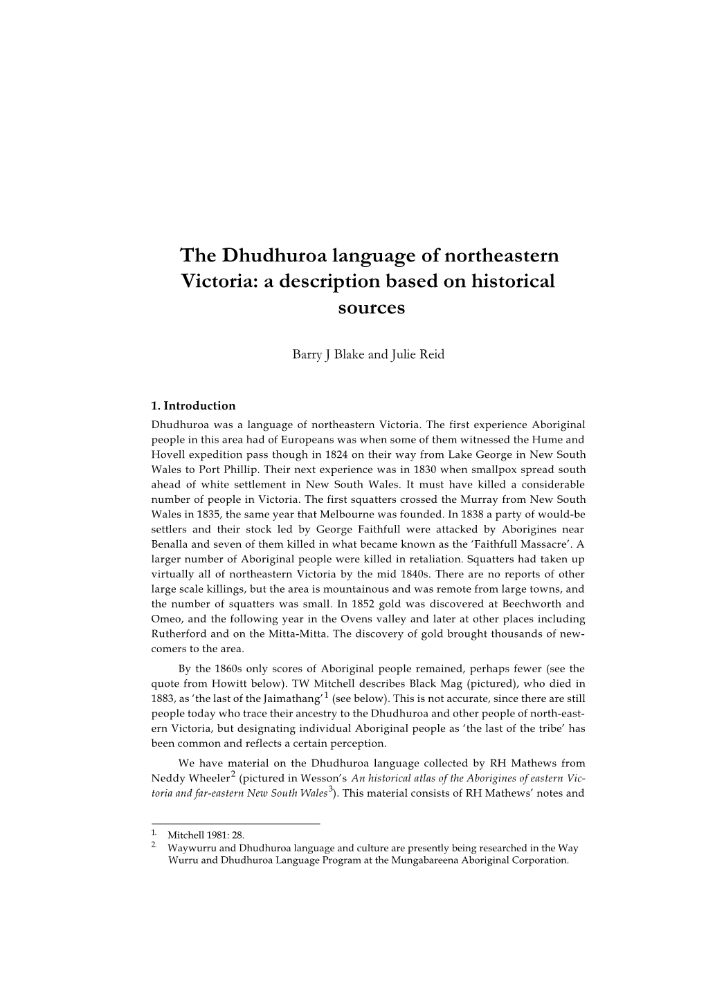 The Dhudhuroa Language of Northeastern Victoria: a Description Based on Historical Sources