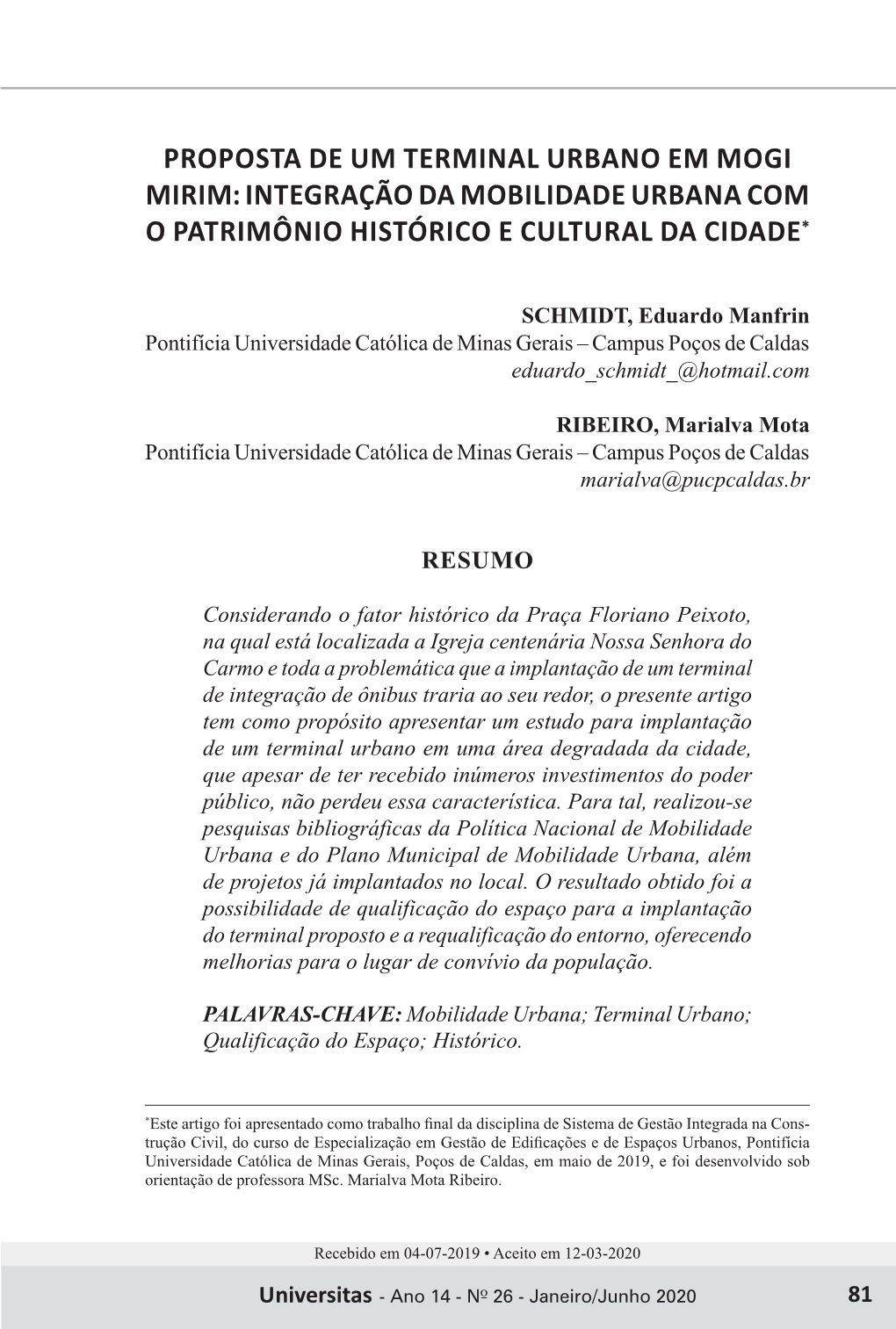 Proposta De Um Terminal Urbano Em Mogi Mirim: Integração Da Mobilidade Urbana Com O Patrimônio Histórico E Cultural Da Cidade*