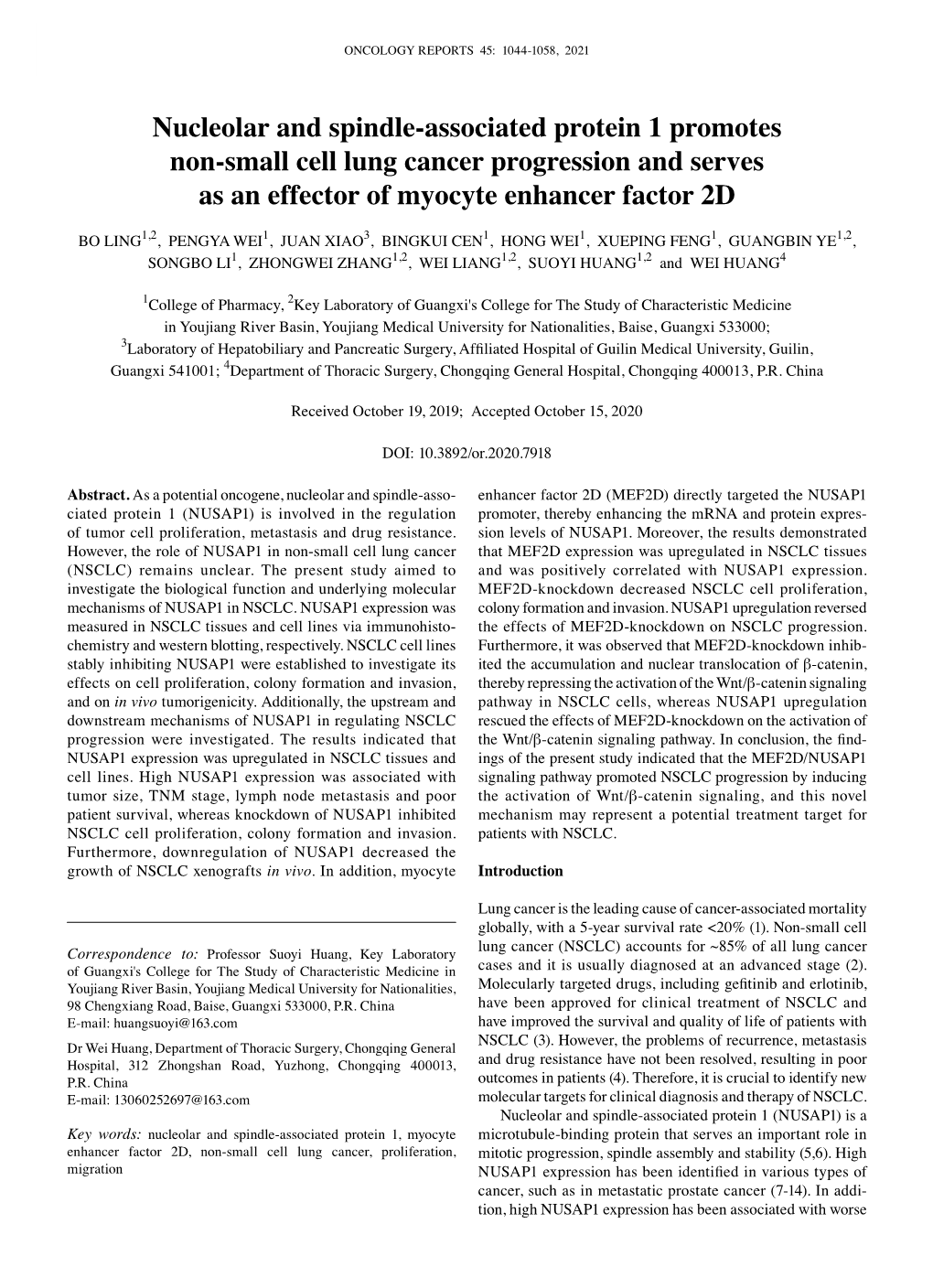 Nucleolar and Spindle‑Associated Protein 1 Promotes Non‑Small Cell Lung Cancer Progression and Serves As an Effector of Myocyte Enhancer Factor 2D