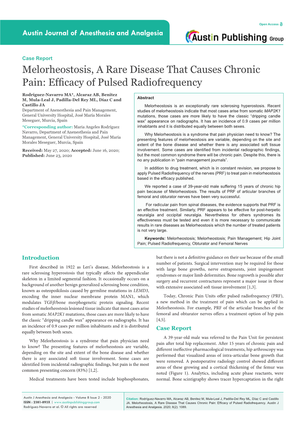 Melorheostosis, a Rare Disease That Causes Chronic Pain: Efficacy of Pulsed Radiofrequency
