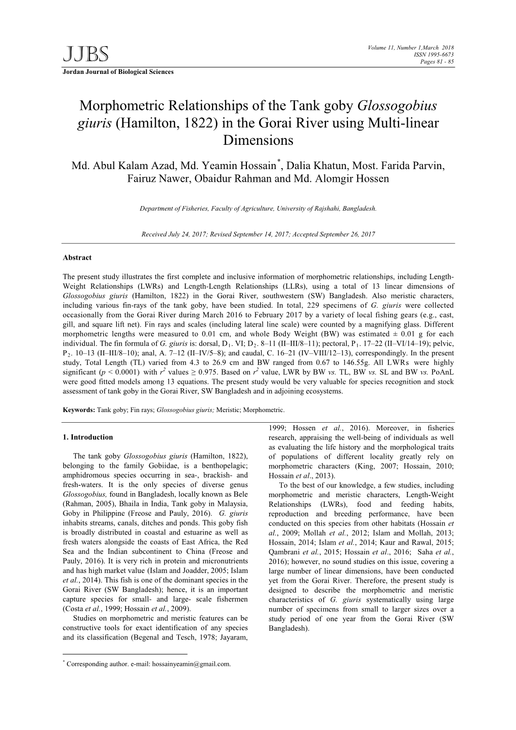 Morphometric Relationships of the Tank Goby Glossogobius Giuris (Hamilton, 1822) in the Gorai River Using Multi-Linear Dimensions