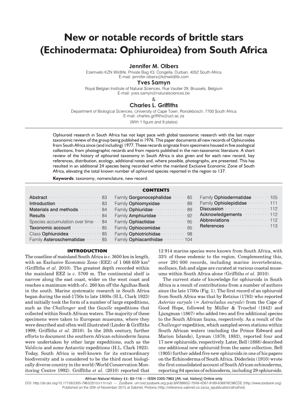 New Or Notable Records of Brittle Stars (Echinodermata: Ophiuroidea) from South Africa