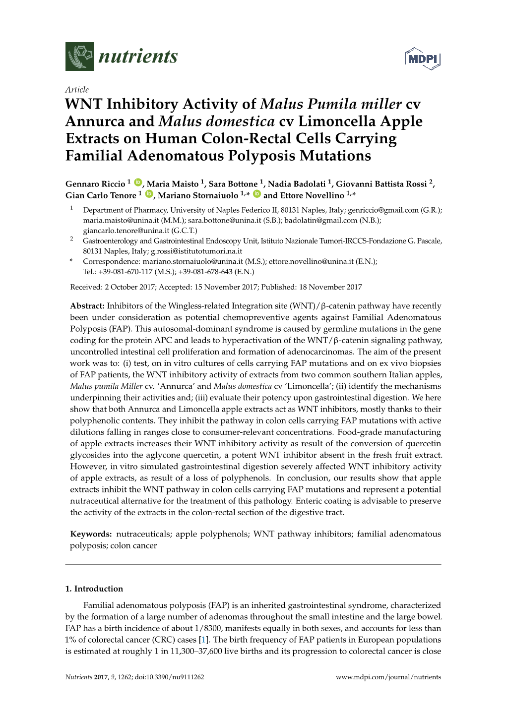 WNT Inhibitory Activity of Malus Pumila Miller Cv