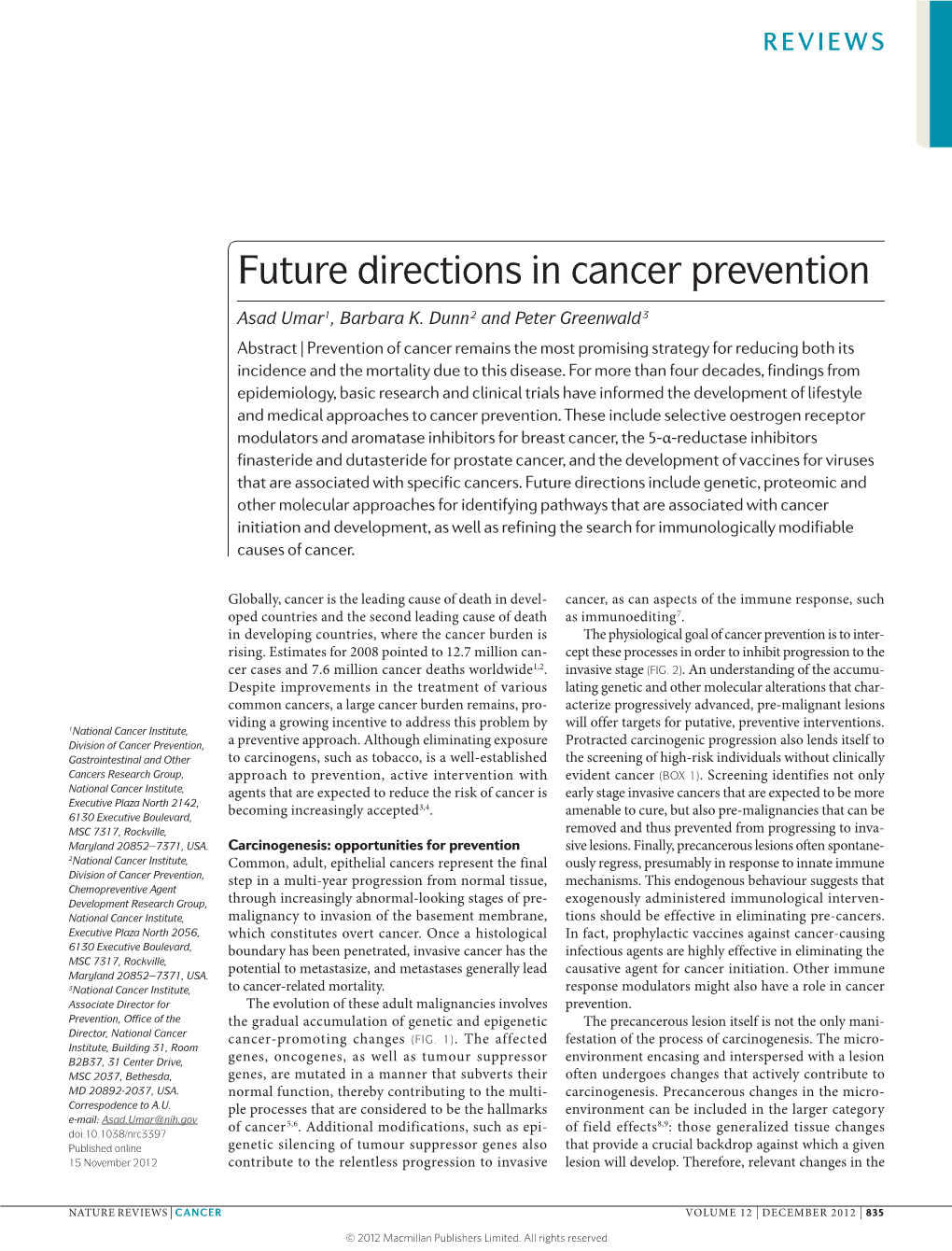 Future Directions in Cancer Prevention