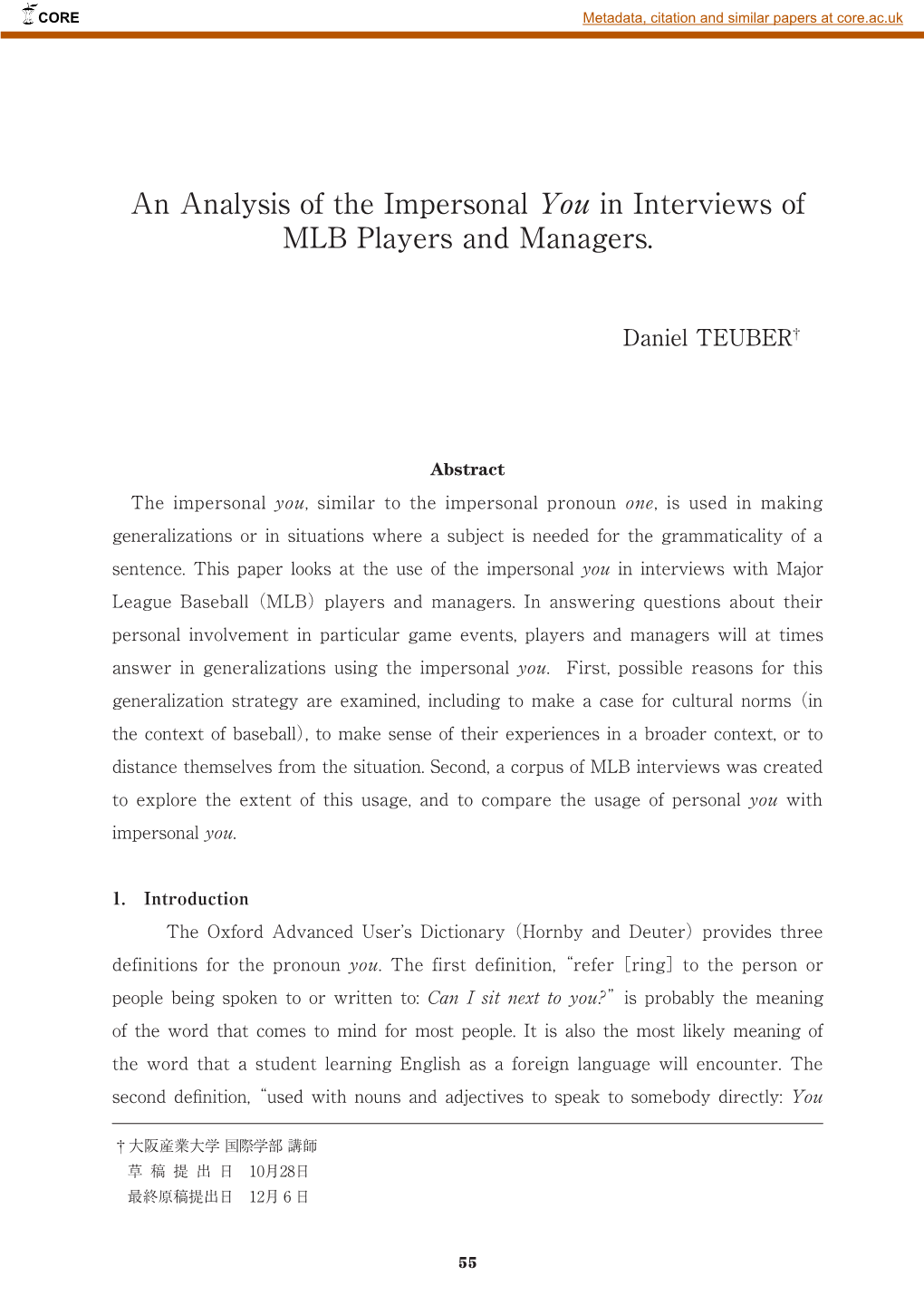 An Analysis of the Impersonal You in Interviews of MLB Players and Managers