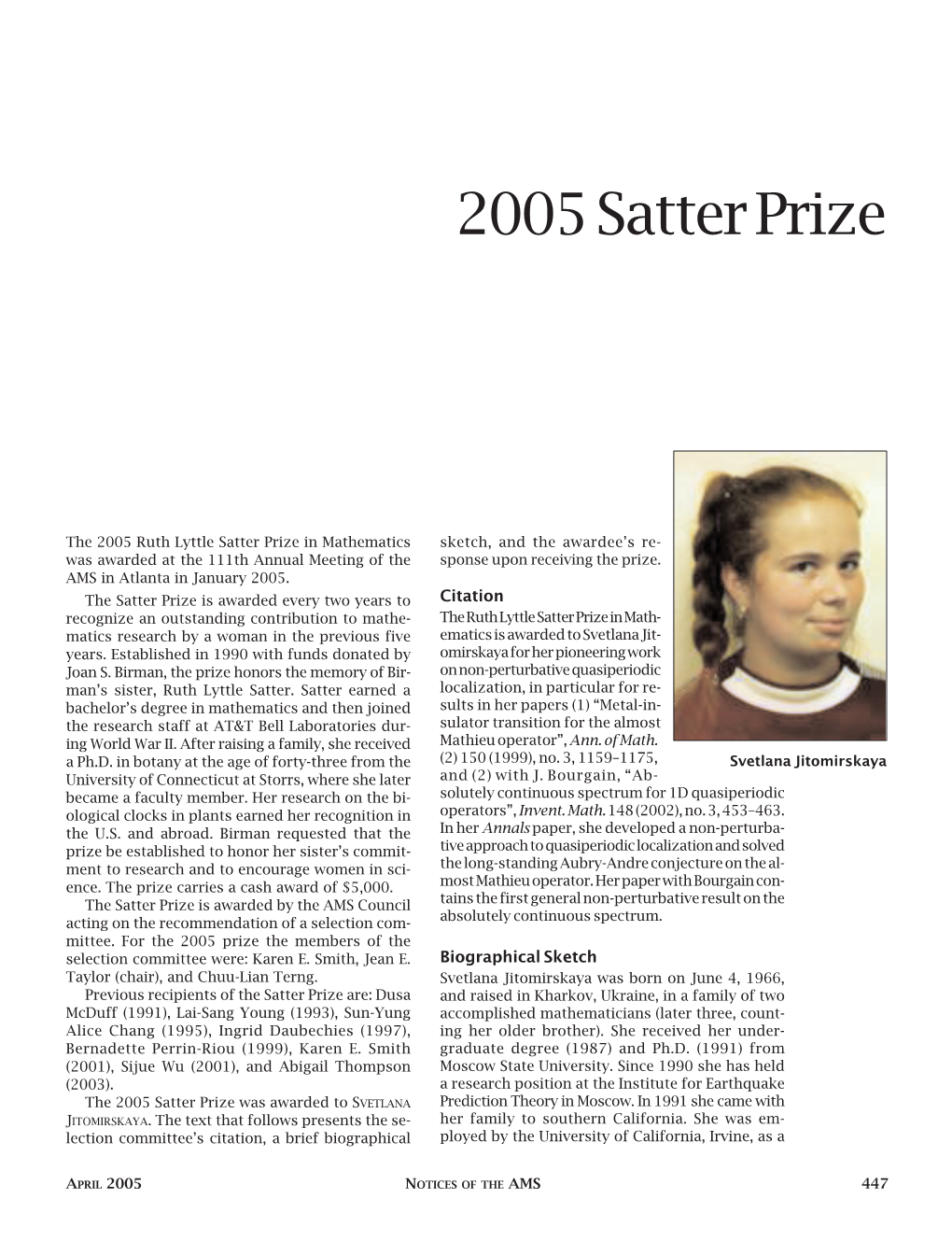 2005 Satter Prize, Volume 52, Number 4