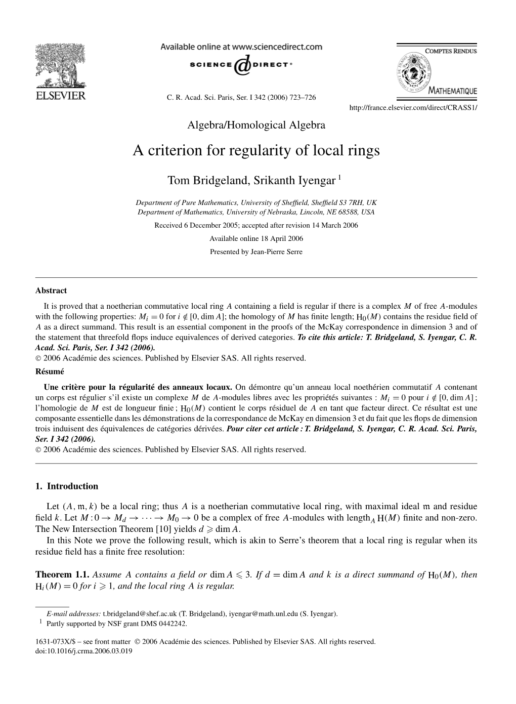 A Criterion for Regularity of Local Rings