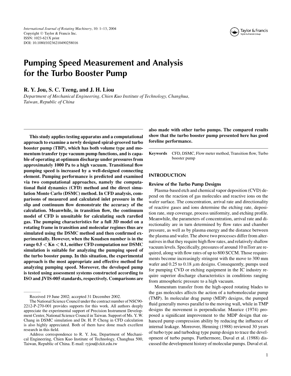 Pumping Speed Measurement and Analysis for the Turbo Booster Pump