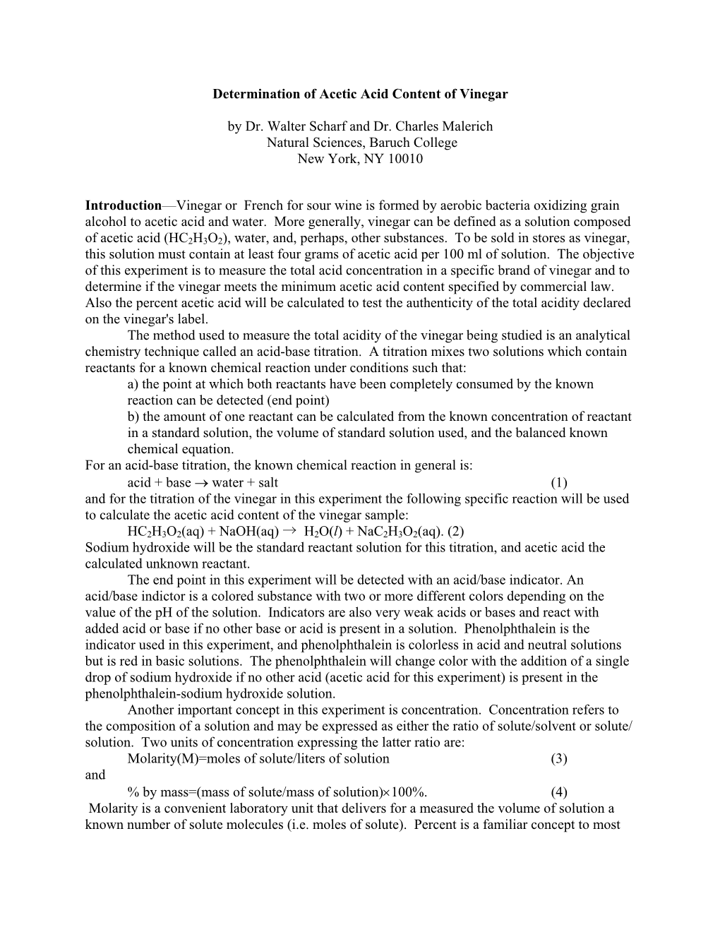 Determination of Acetic Acid Content of Vinegar by Dr. Walter Scharf And