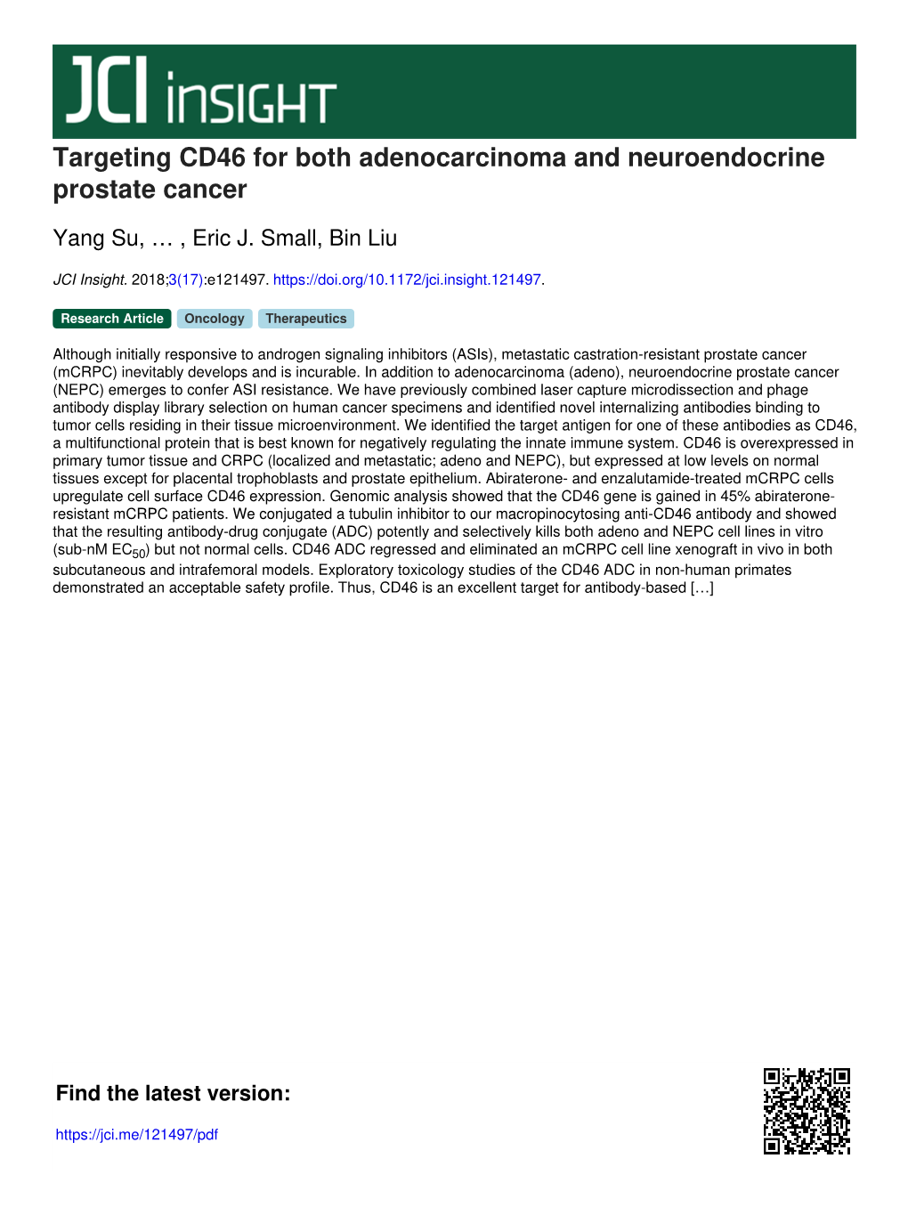 Targeting CD46 for Both Adenocarcinoma and Neuroendocrine Prostate Cancer