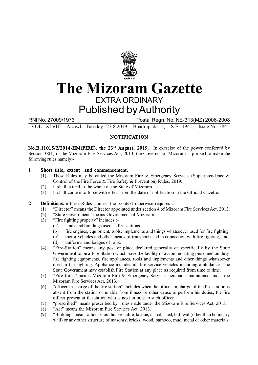 The Mizoram Gazette EXTRA ORDINARY Published by Authority RNI No