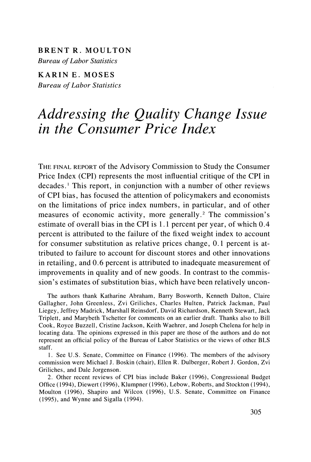 Addressing the Quality Change Issue in the Consumer Price Index