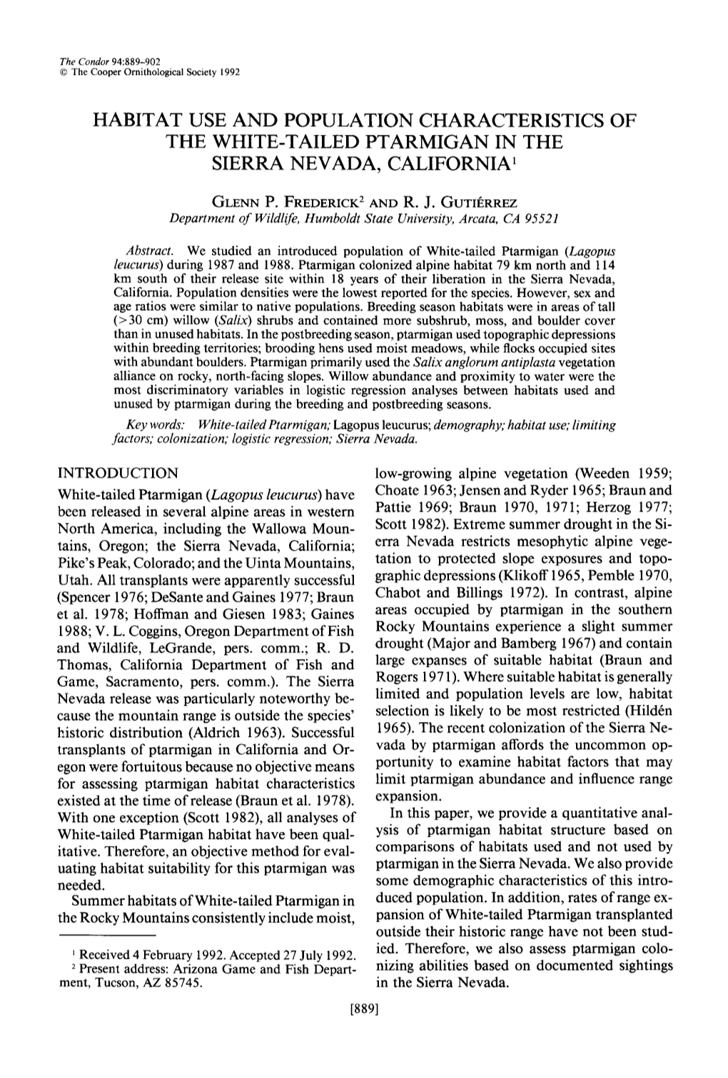 Habitat Use and Population Characteristics of the White-Tailed Ptarmigan in the Sierra Nevada, California ’