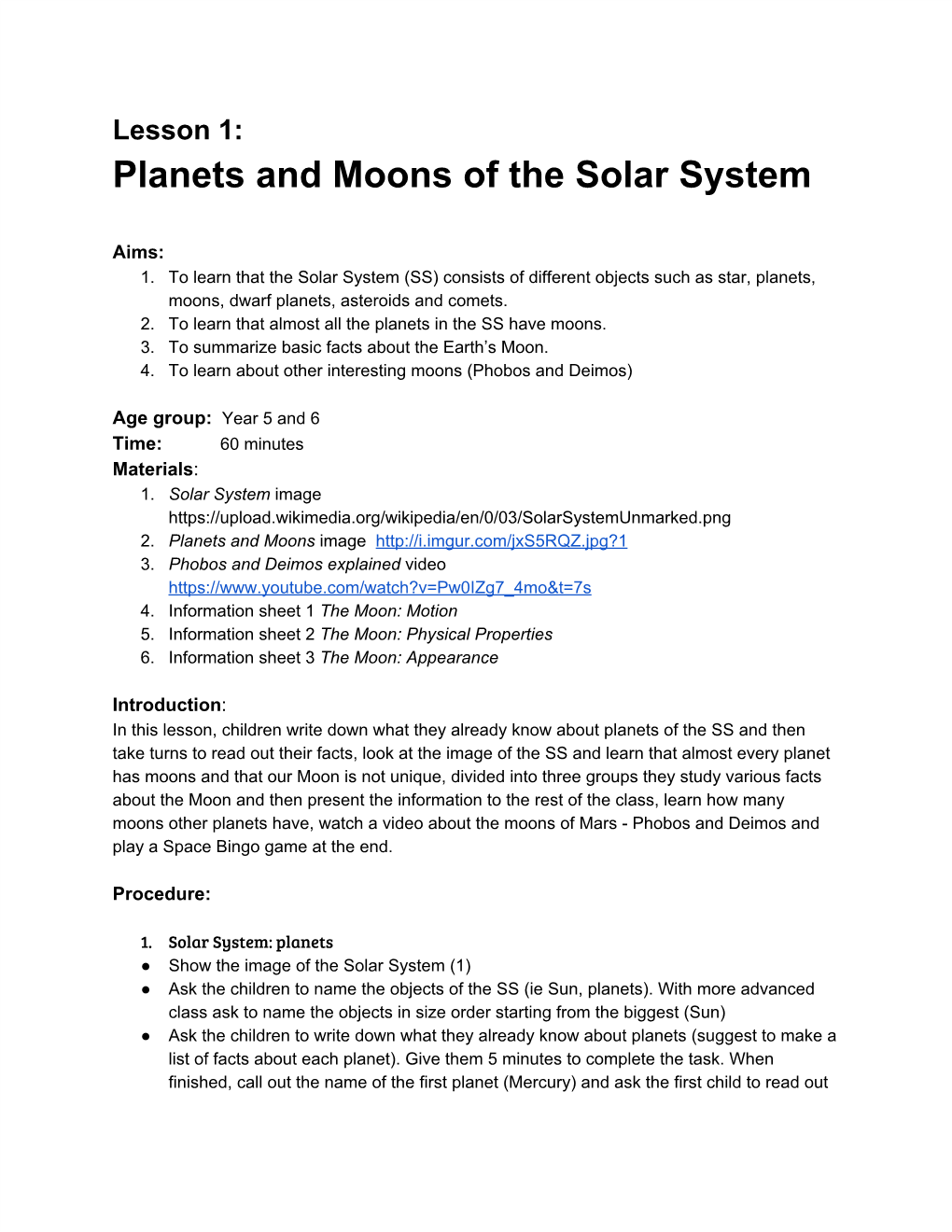 Lesson 1: Planets and Moons of the Solar System