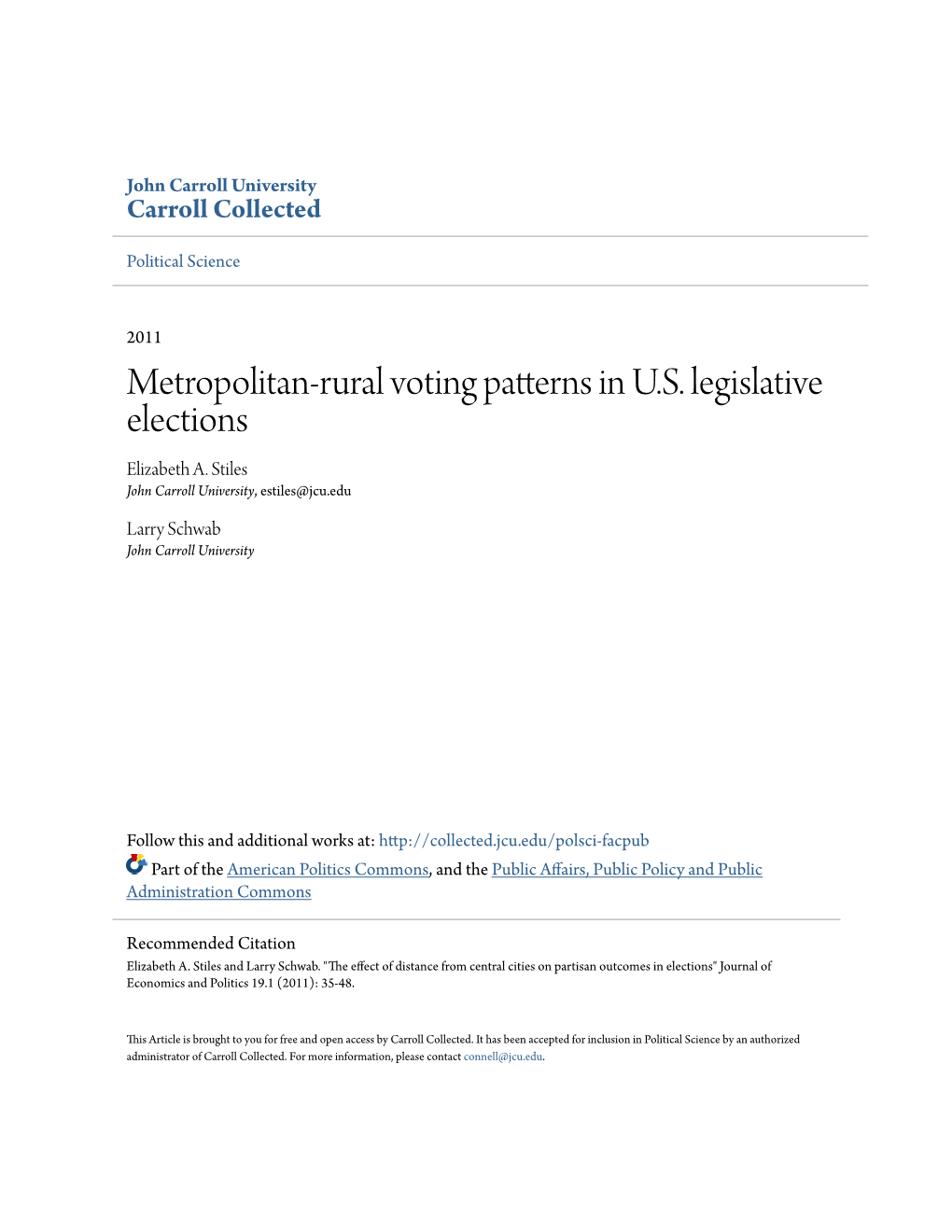 Metropolitan-Rural Voting Patterns in U.S. Legislative Elections Elizabeth A