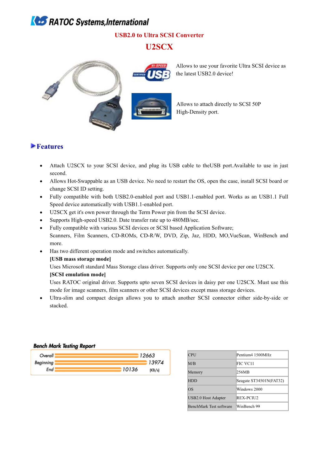 USB2.0 to Ultra SCSI Converter U2SCX