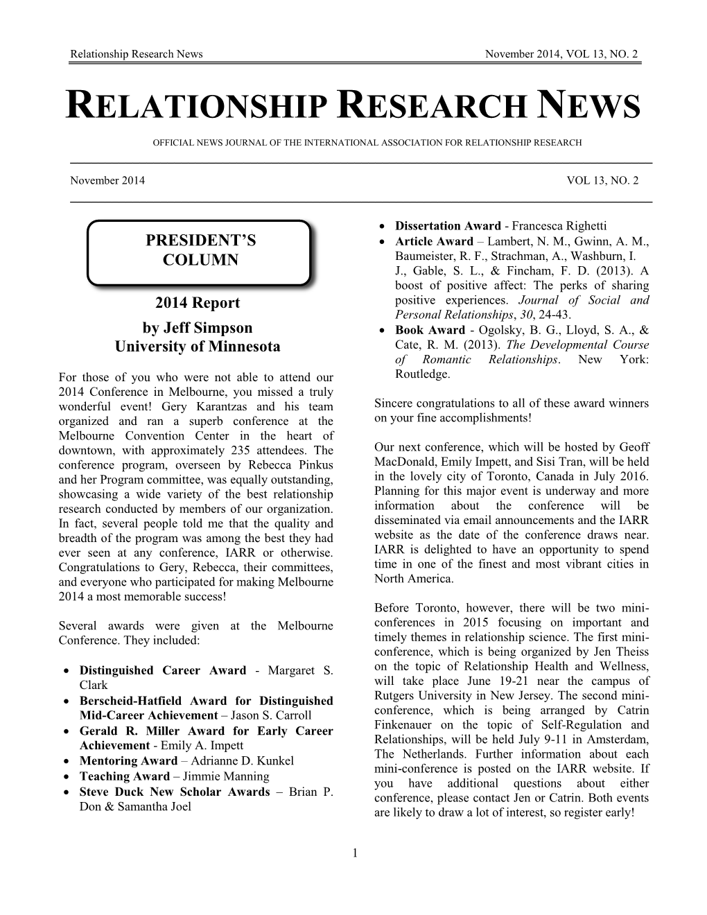 JOURNAL of the INTERNATIONAL ASSOCIATION for RELATIONSHIP RESEARCH ______November 2014 VOL 13, NO