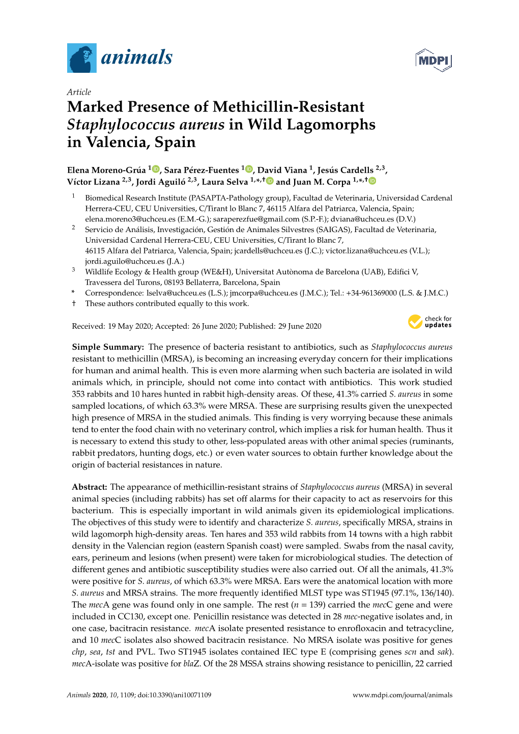 "Staphylococcus Aureus" in Wild Lagomorphs in Valencia, Spain