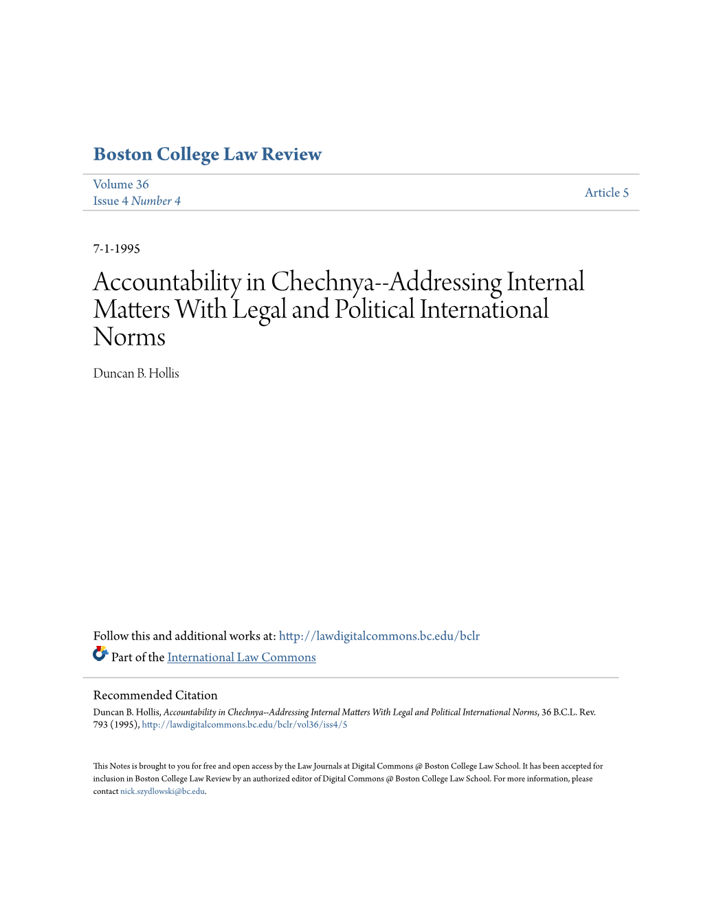 Accountability in Chechnya--Addressing Internal Matters with Legal and Political International Norms Duncan B