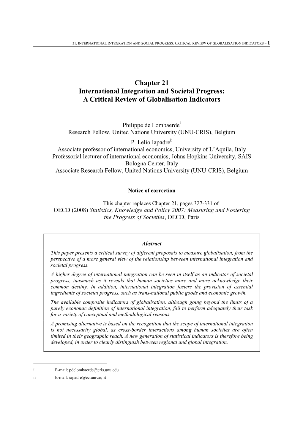 Chapter 21 International Integration and Societal Progress: a Critical Review of Globalisation Indicators