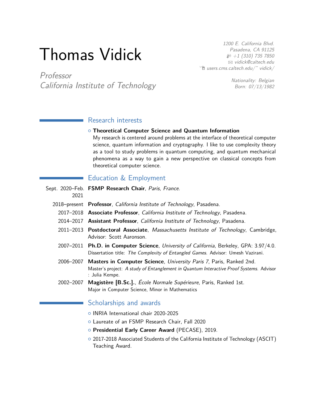 Thomas Vidick – Professor[2Mm] California Institute of Technology