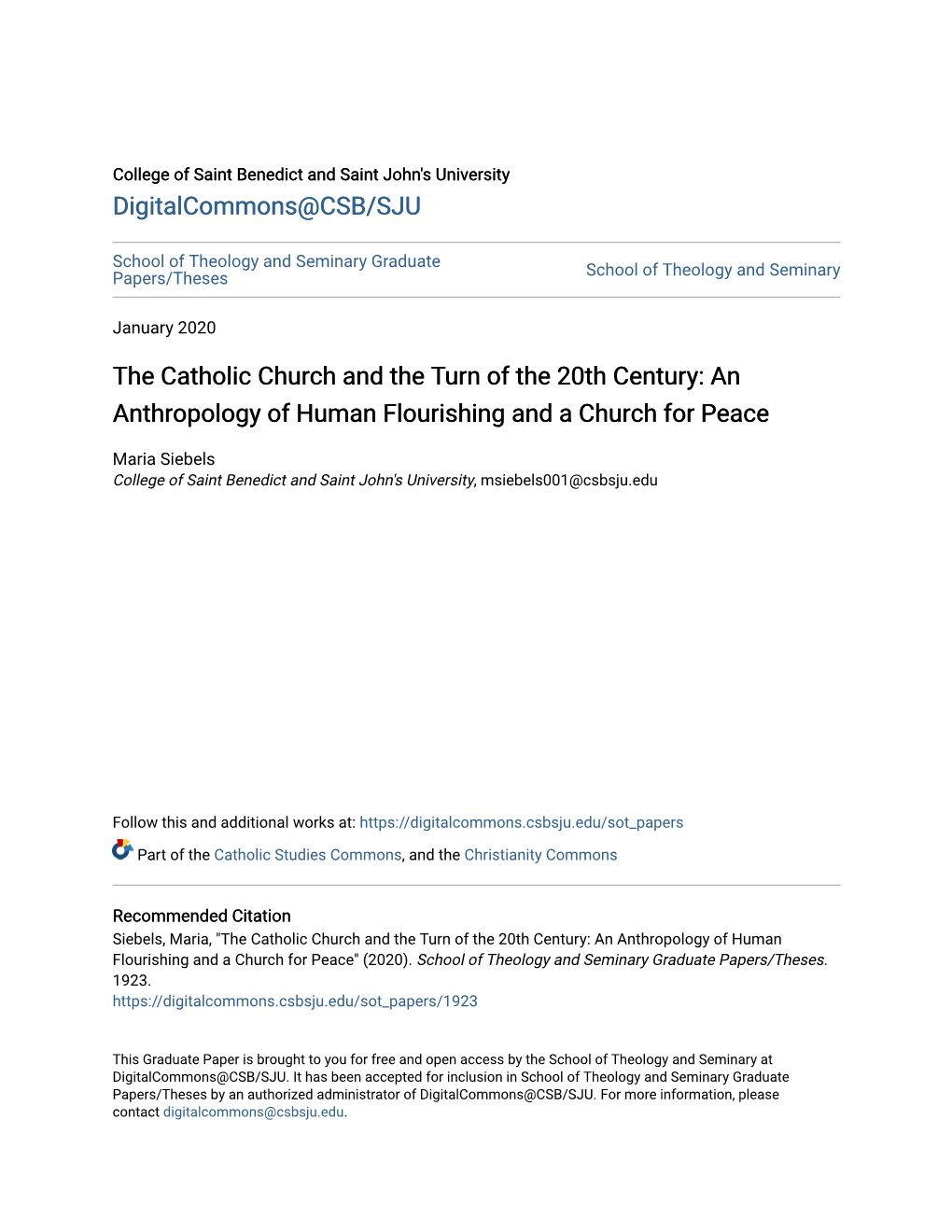 The Catholic Church and the Turn of the 20Th Century: an Anthropology of Human Flourishing and a Church for Peace