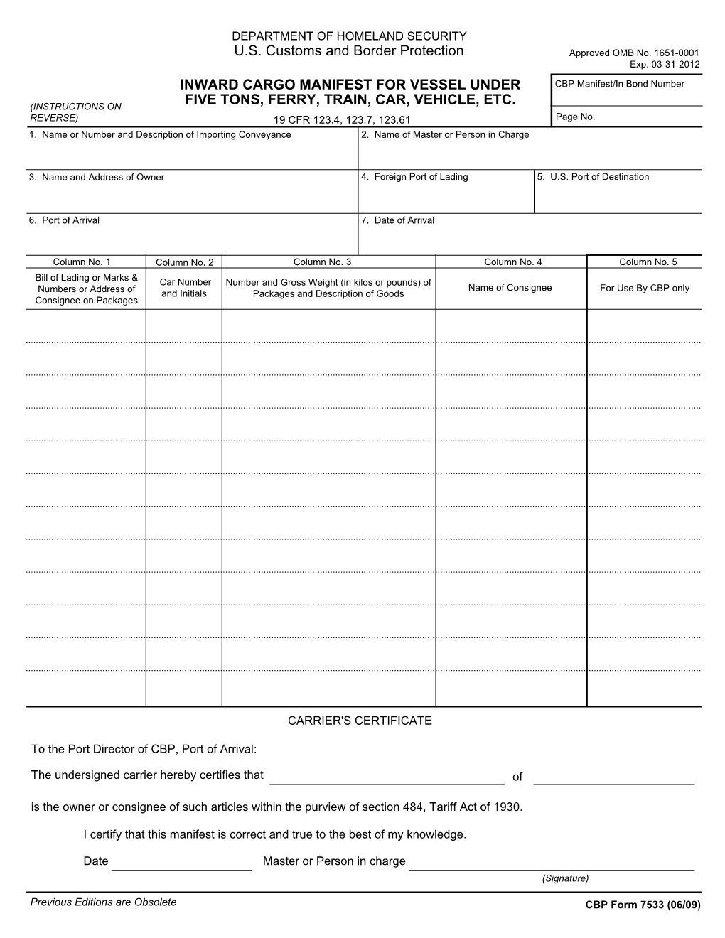 Inward Cargo Manifest for Vessel Under Five Tons, Ferry, Train, Car