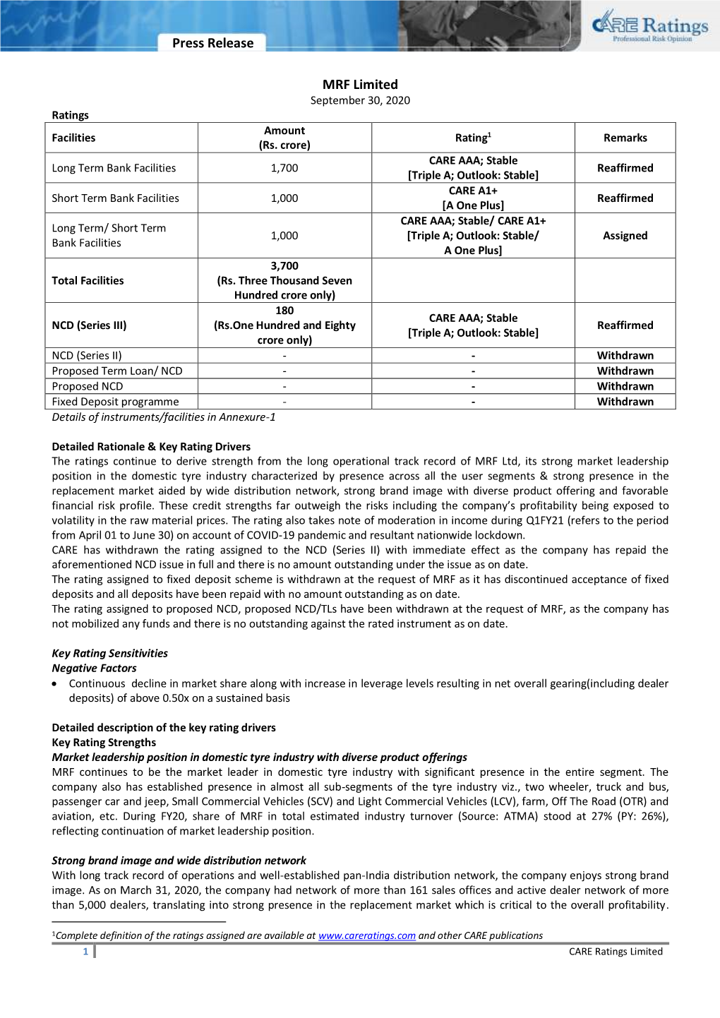 Press Release MRF Limited