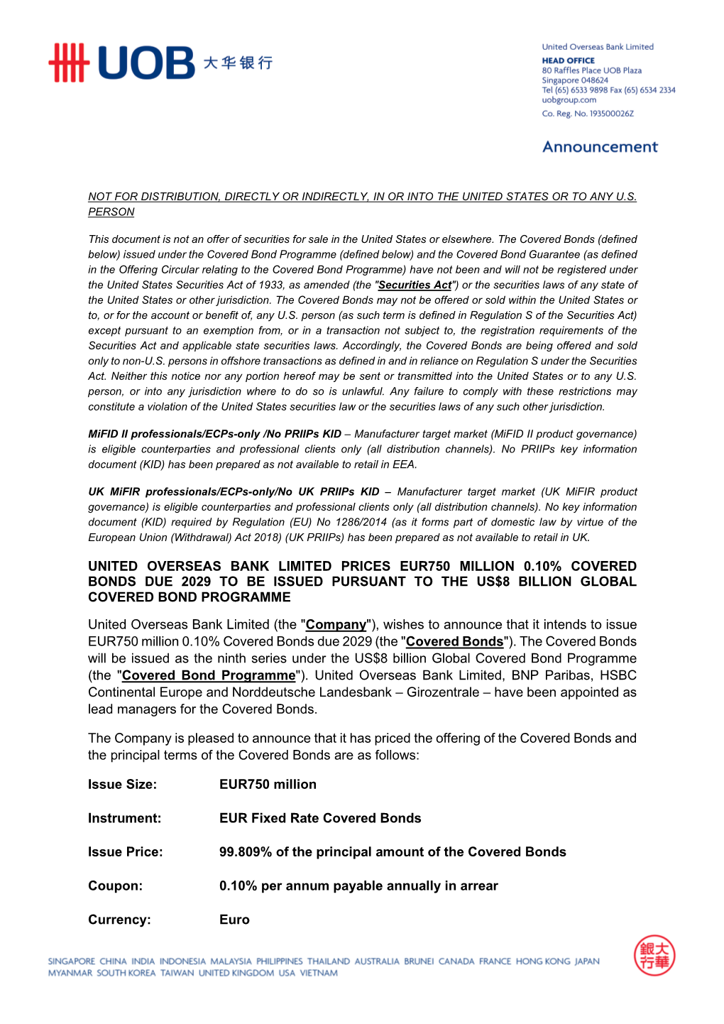 United Overseas Bank Limited Prices Eur750 Million 0.10% Covered Bonds Due 2029 to Be Issued Pursuant to the Us$8 Billion Global Covered Bond Programme