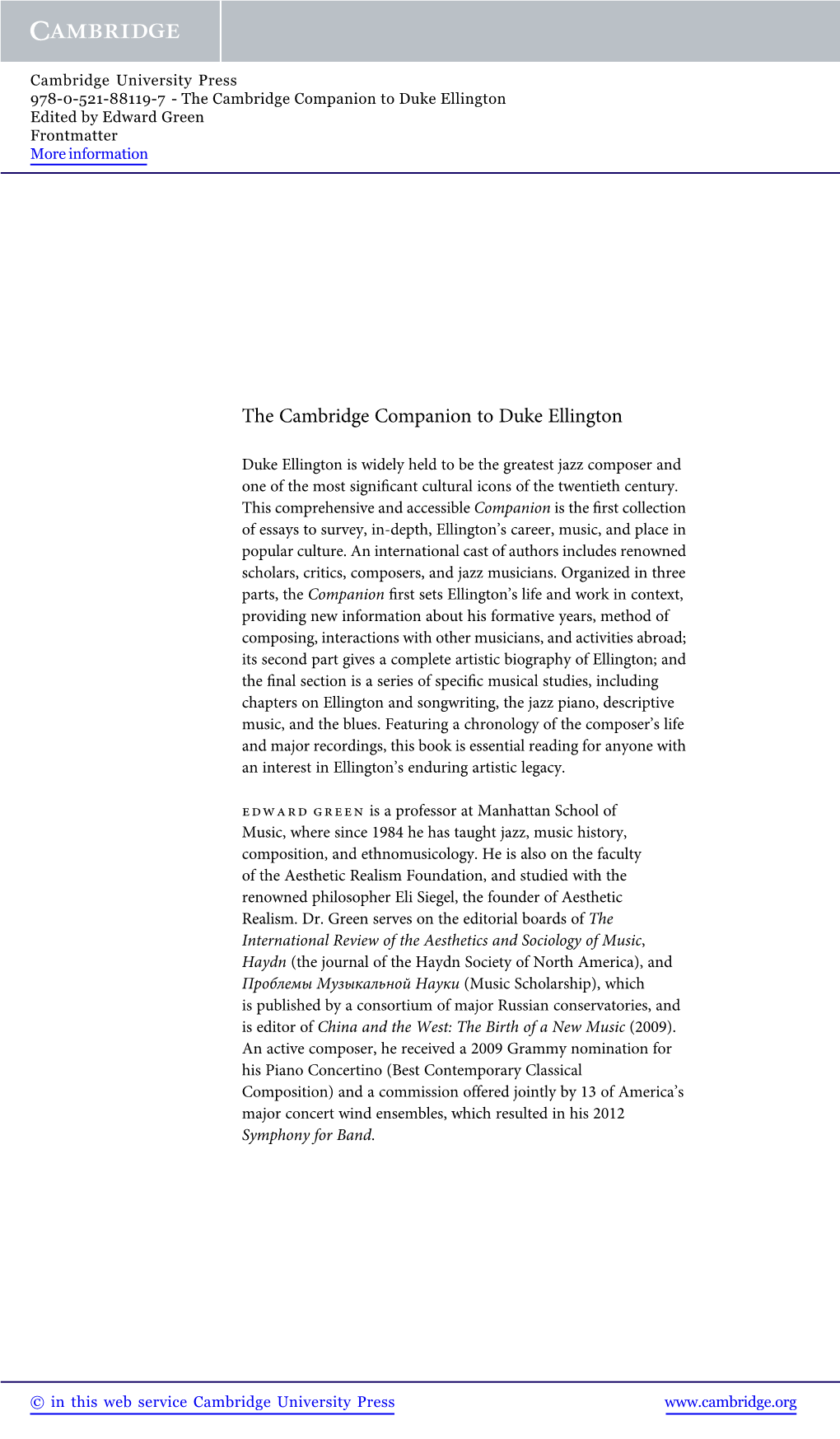 The Cambridge Companion to Duke Ellington Edited by Edward Green Frontmatter More Information