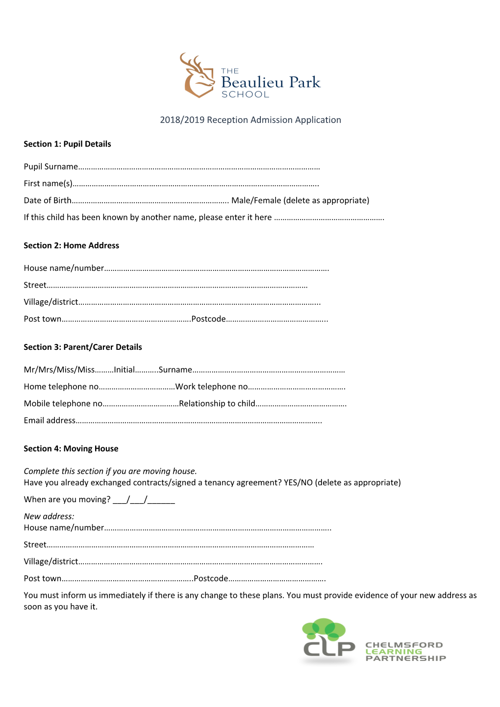 2018/2019 Reception Admission Application