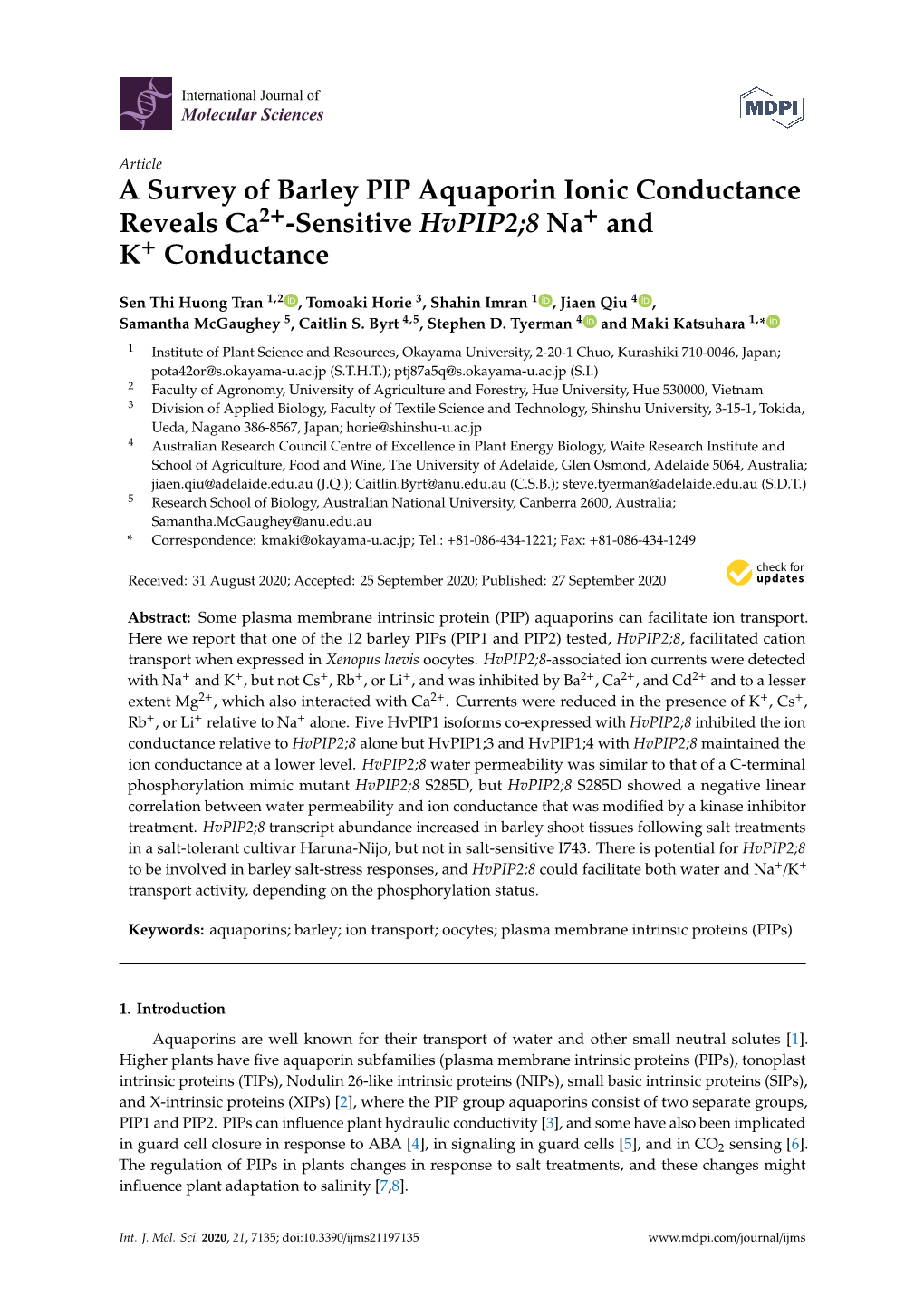 A Survey of Barley PIP Aquaporin Ionic Conductance Reveals Ca2+-Sensitive Hvpip2;8 Na+ and K+ Conductance