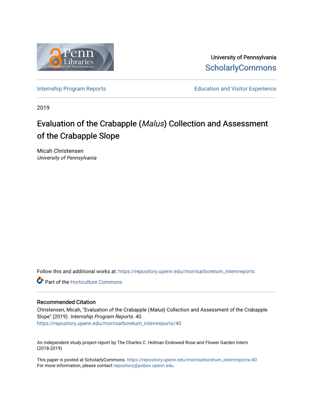 Malus) Collection and Assessment of the Crabapple Slope