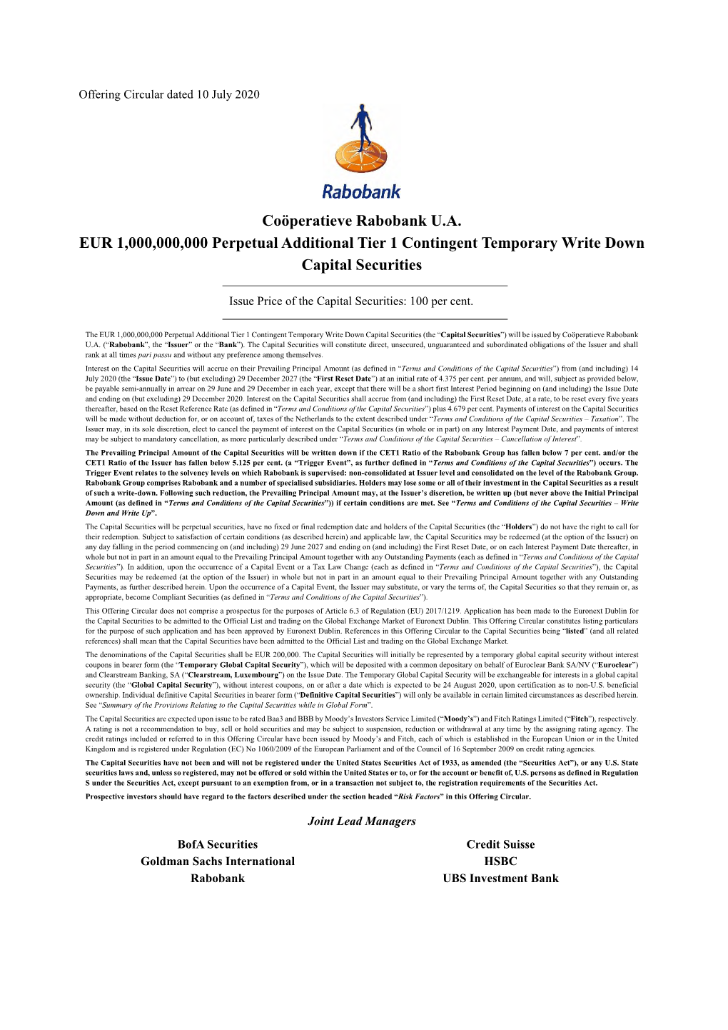 Coöperatieve Rabobank U.A. EUR 1,000,000,000 Perpetual Additional Tier 1 Contingent Temporary Write Down Capital Securities