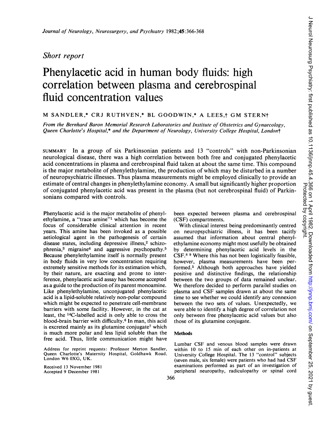 Phenylacetic Acid in Human Body Fluids: High Correlation Between Plasma and Cerebrospinal Fluid Concentration Values