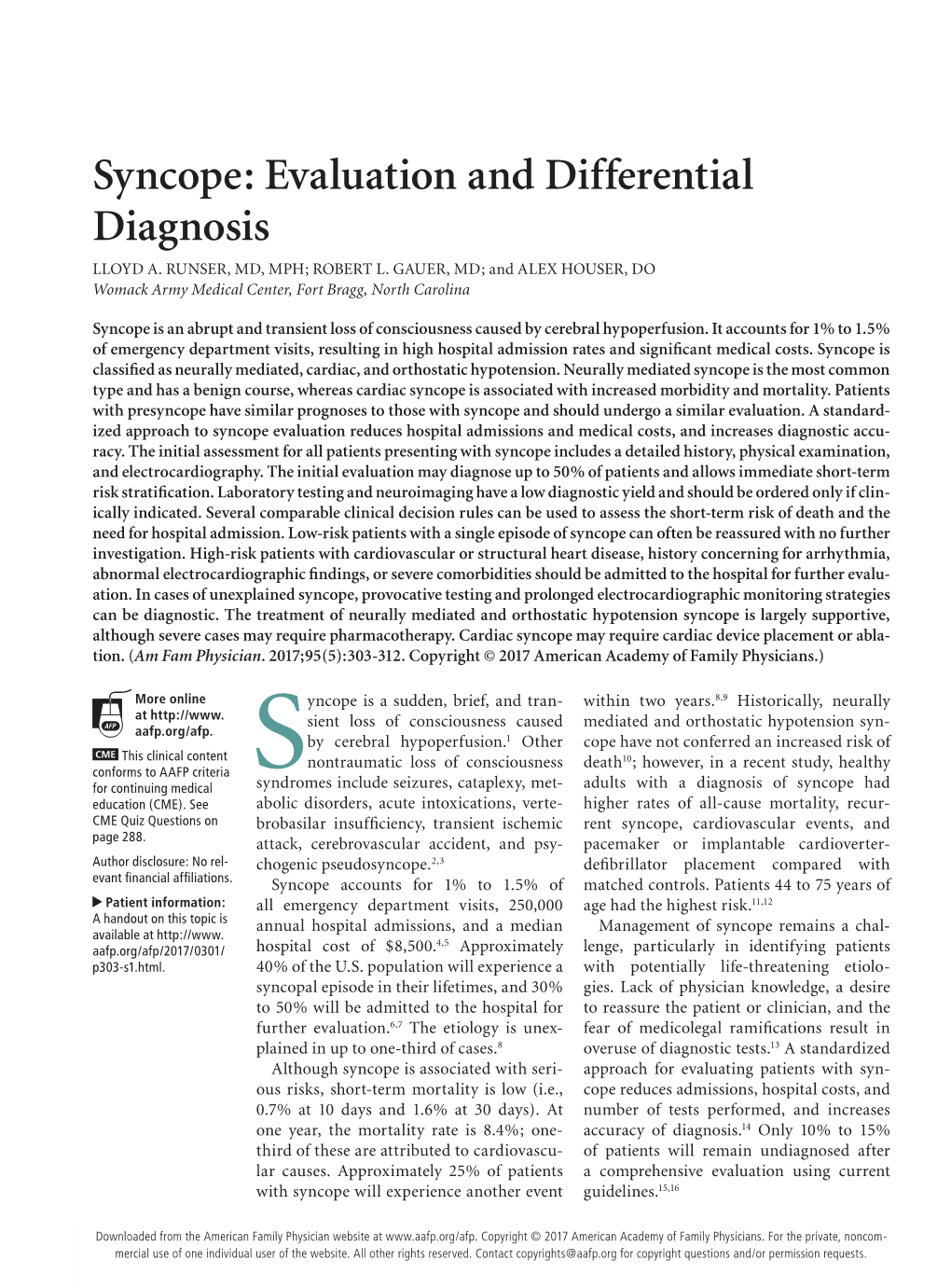 Syncope: Evaluation and Differential Diagnosis LLOYD A