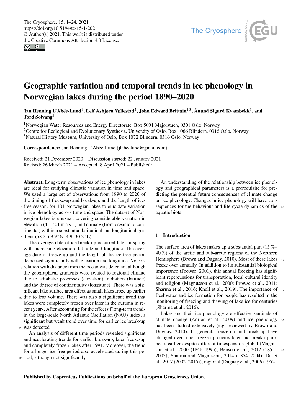 Geographic Variation and Temporal Trends in Ice Phenology in Norwegian Lakes During the Period 1890–2020