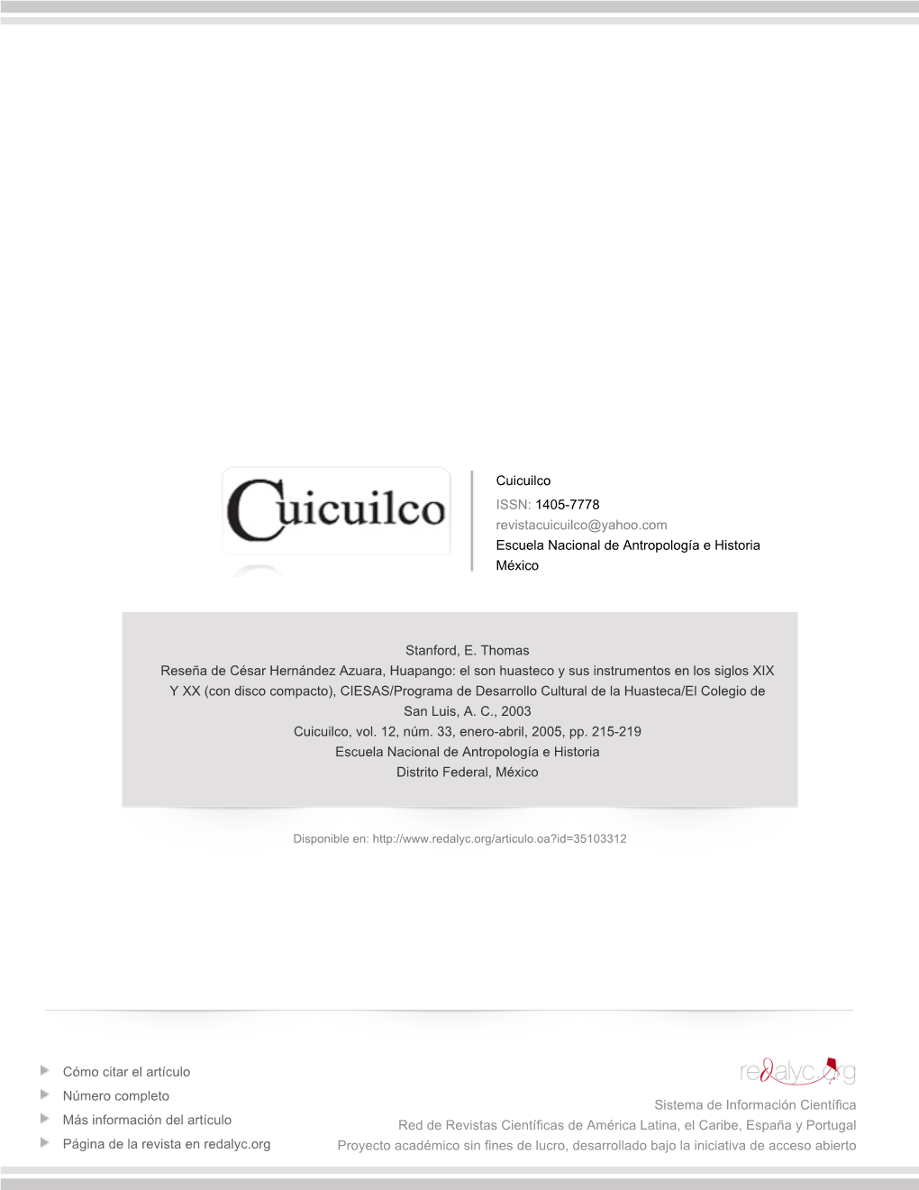 Reseña De César Hernández Azuara, Huapango: El Son Huasteco Y Sus Instrumentos En Los Siglos XIX Y XX (Con Disco Compacto), CIESAS/Programa De Desarrollo Cultural De La